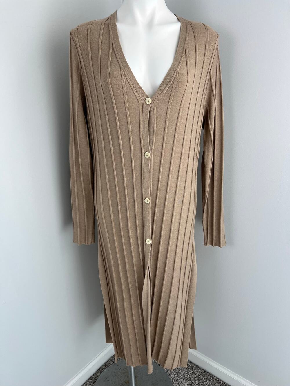 Theory Wide Rib Merino Wool Cardigan Duster Tan Long New With Flaw Medium